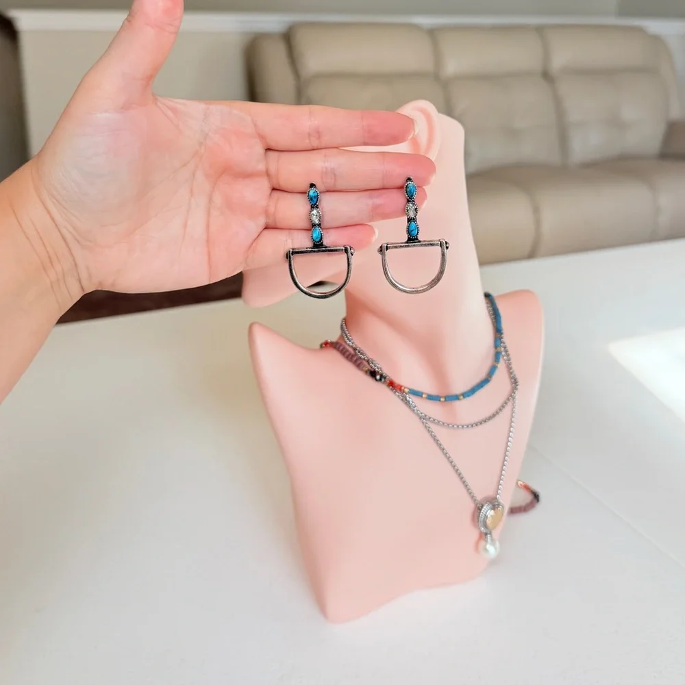 Silver-Tone Turquoise Drop Hoop Earrings - Women Jewelry